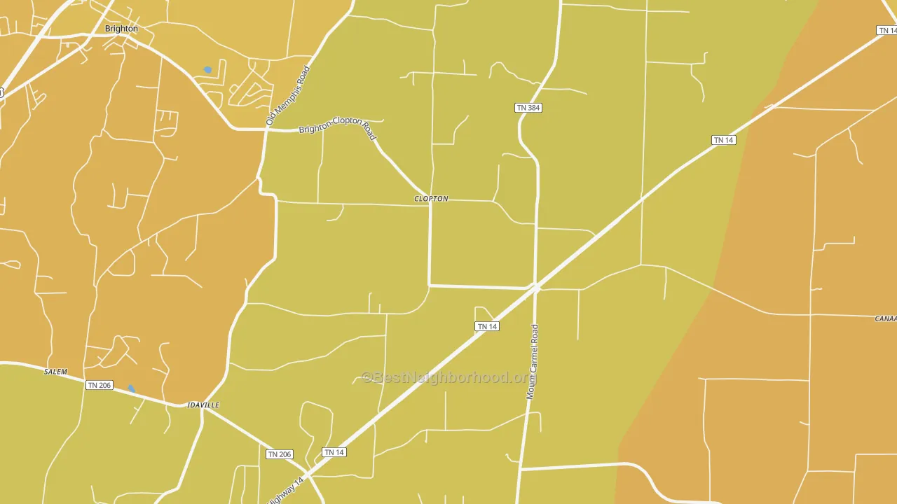 Map of the best neighborhoods in the Clopton area, with better matches in green and worse matches in red
