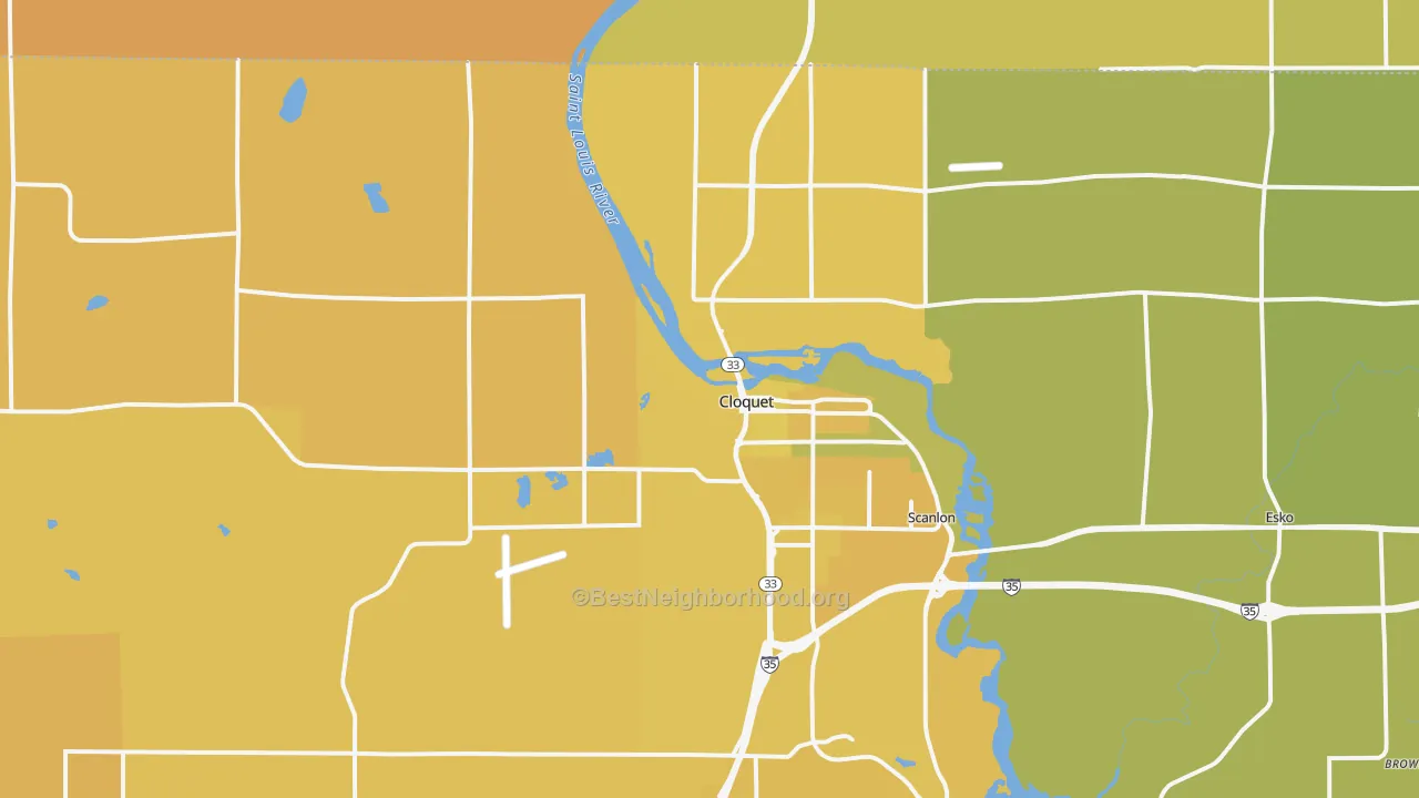 Map of the best neighborhoods in the Cloquet area, with better matches in green and worse matches in red