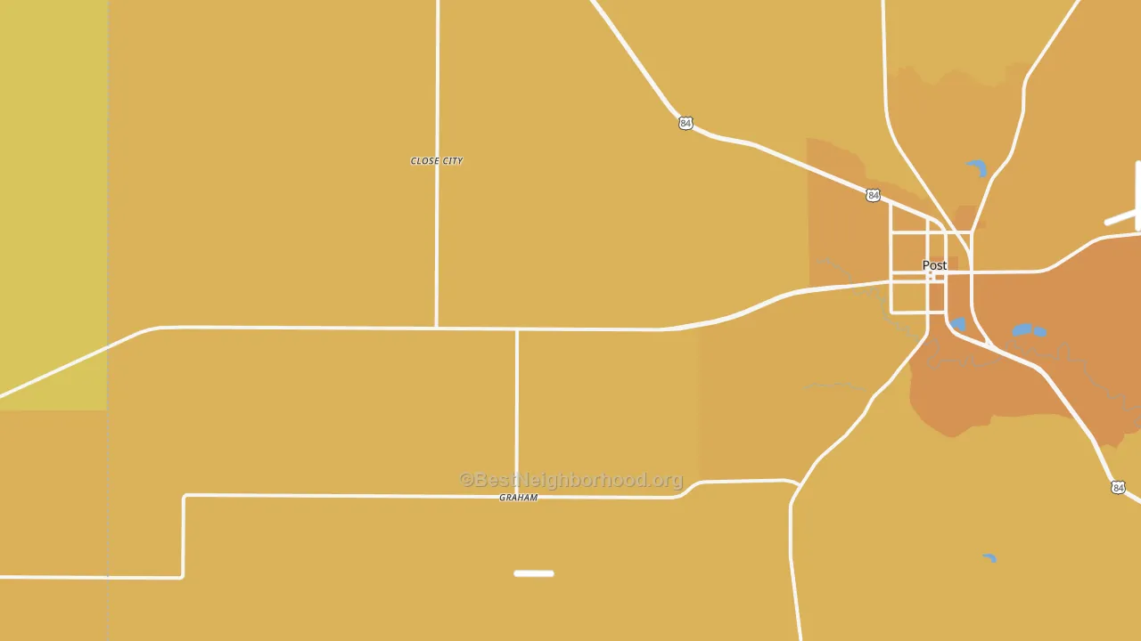 Map of the best neighborhoods in the Close City area, with better matches in green and worse matches in red