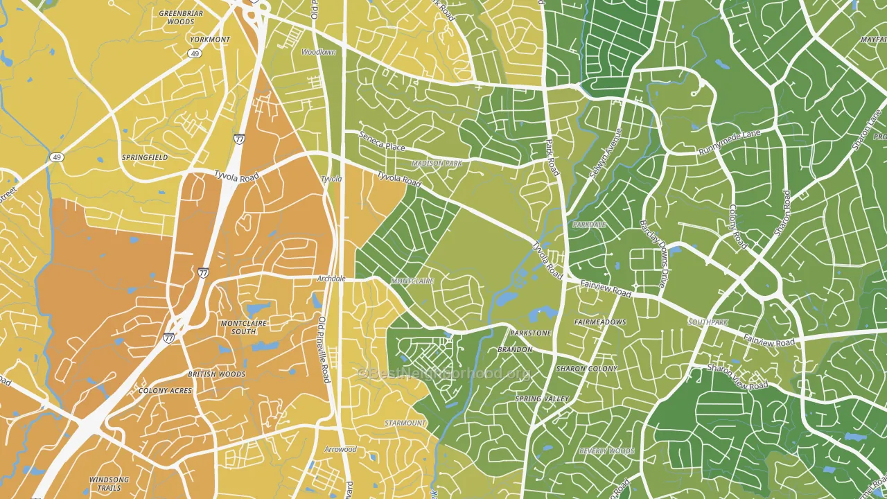 Map of the best neighborhoods in the Closeburn-Glenkirk, Charlotte area, with better matches in green and worse matches in red