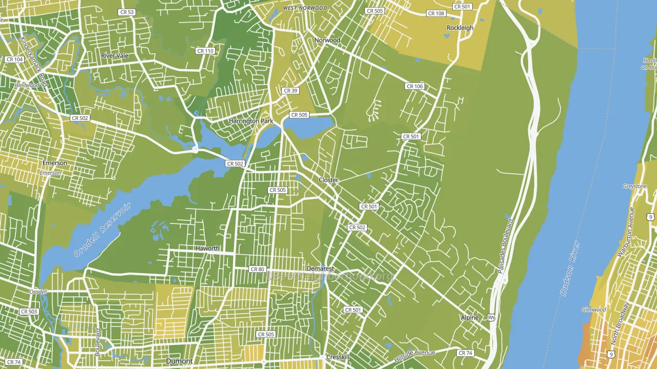 Map of the best neighborhoods in the Closter area, with better matches in green and worse matches in red