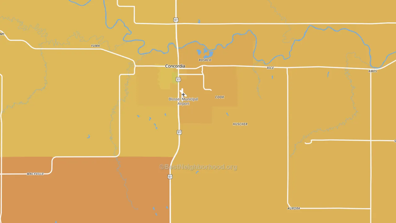 Map of the best neighborhoods in the Cloud County area, with better matches in green and worse matches in red