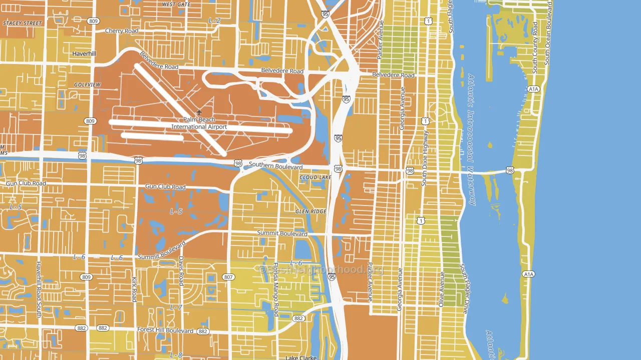 Map of the best neighborhoods in the Cloud Lake area, with better matches in green and worse matches in red
