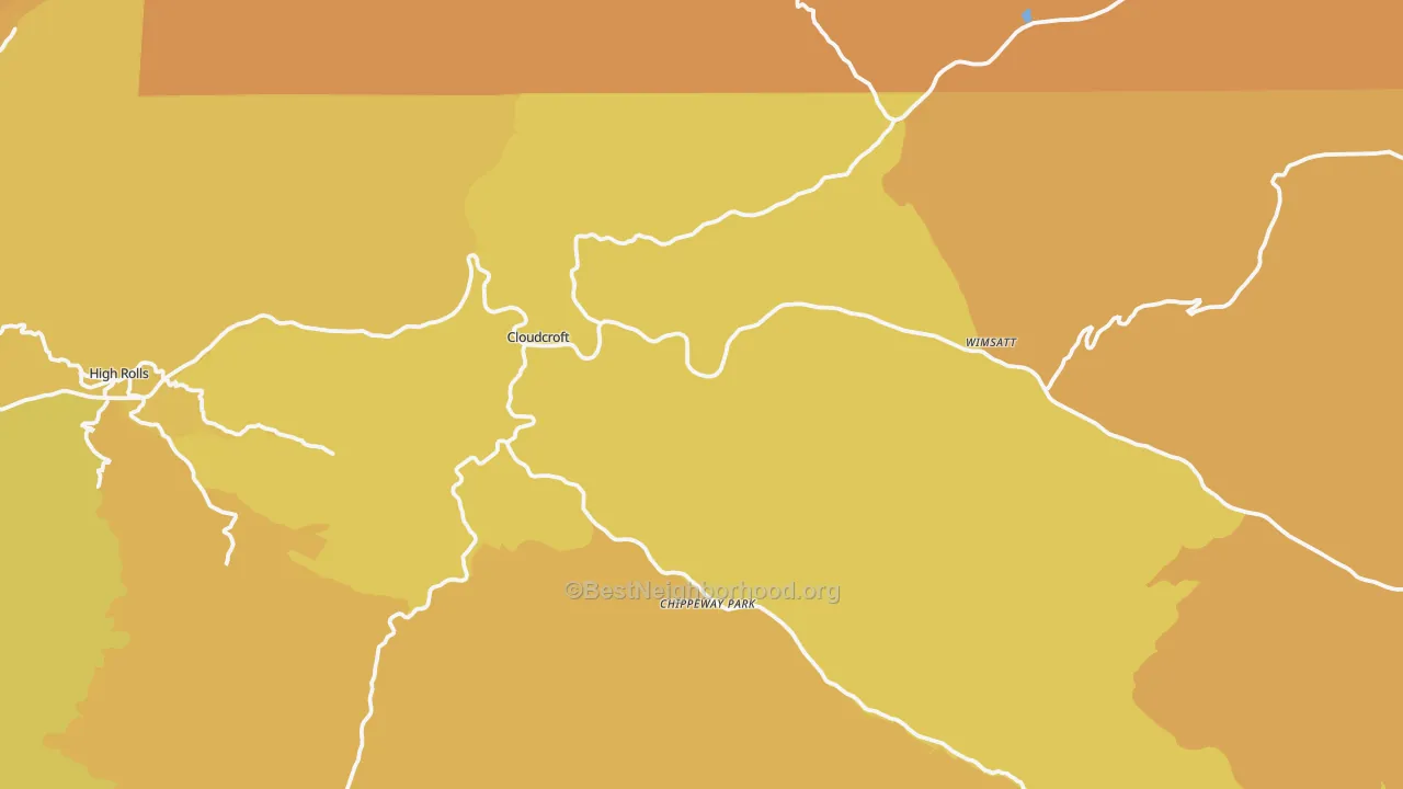 Map of the best neighborhoods in the Cloudcroft area, with better matches in green and worse matches in red