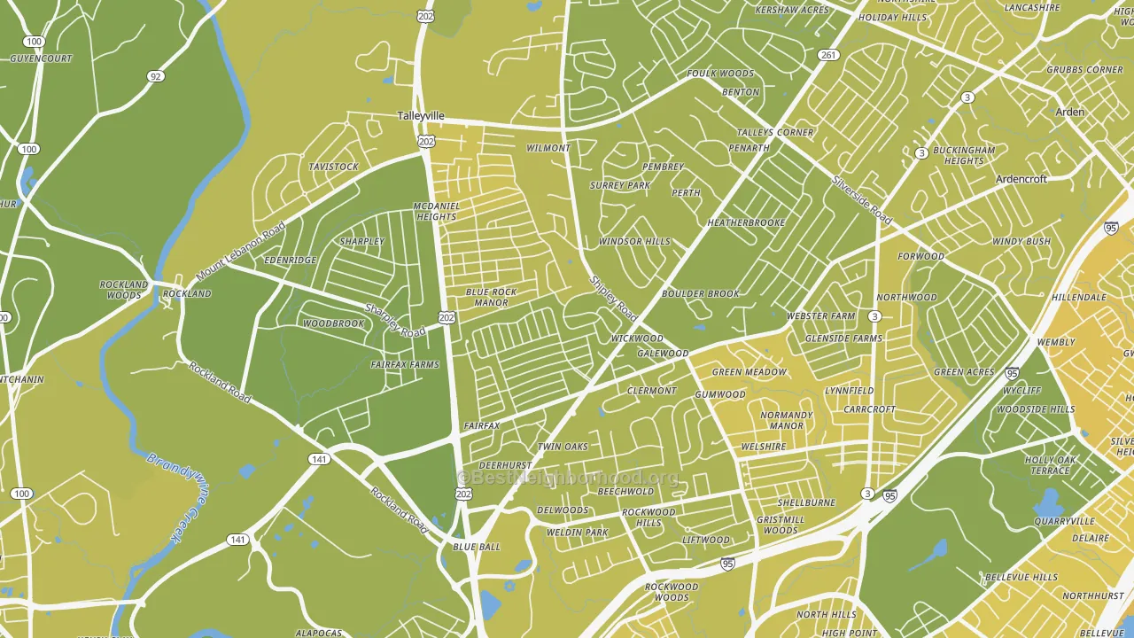 Map of the best neighborhoods in the Cloutier Court, Wilmington area, with better matches in green and worse matches in red