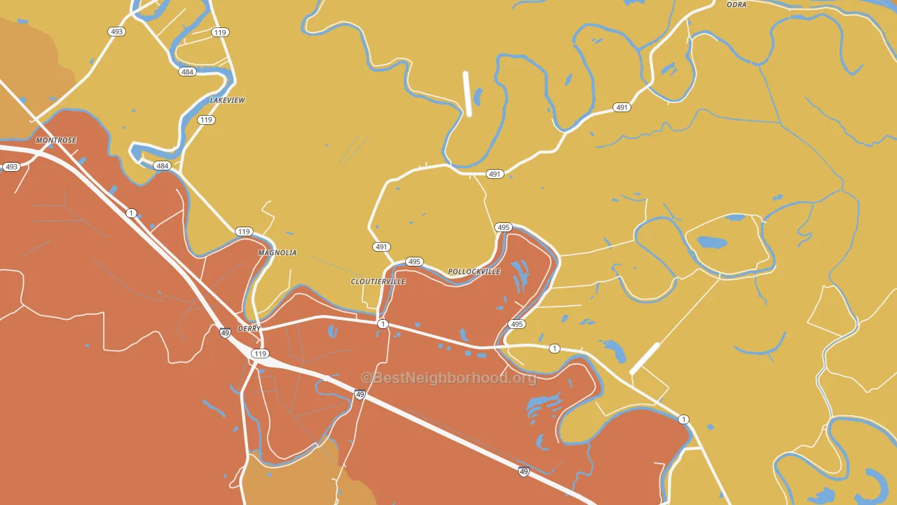Map of the best neighborhoods in the Cloutierville area, with better matches in green and worse matches in red