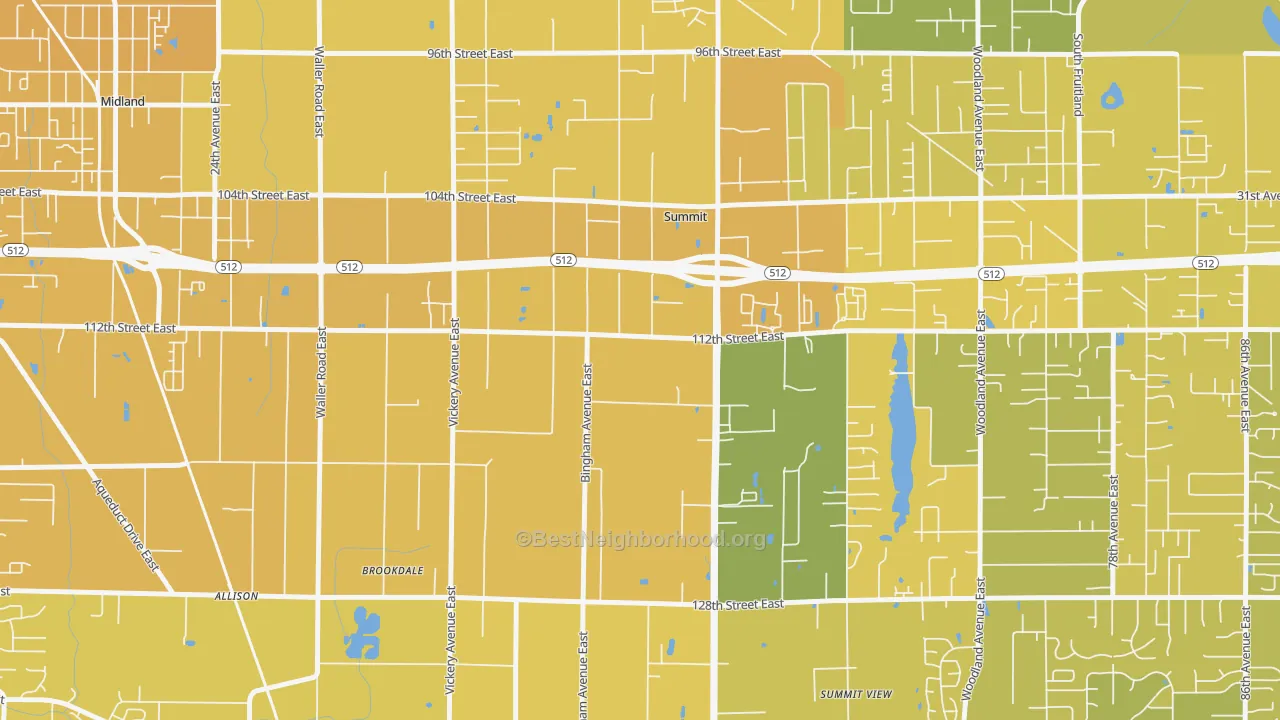 Map of the best neighborhoods in the Clover Creek area, with better matches in green and worse matches in red