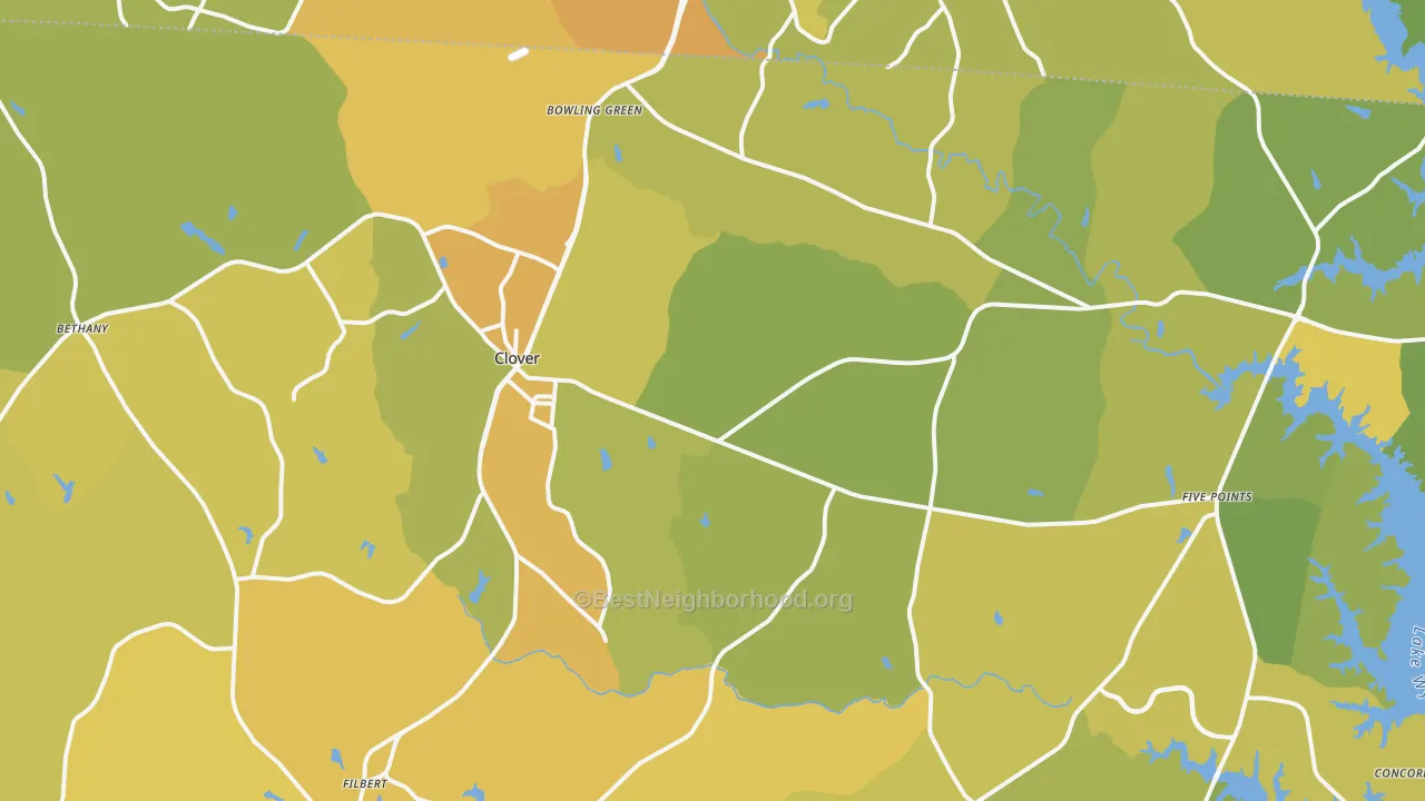 Map of the best neighborhoods in the Clover area, with better matches in green and worse matches in red