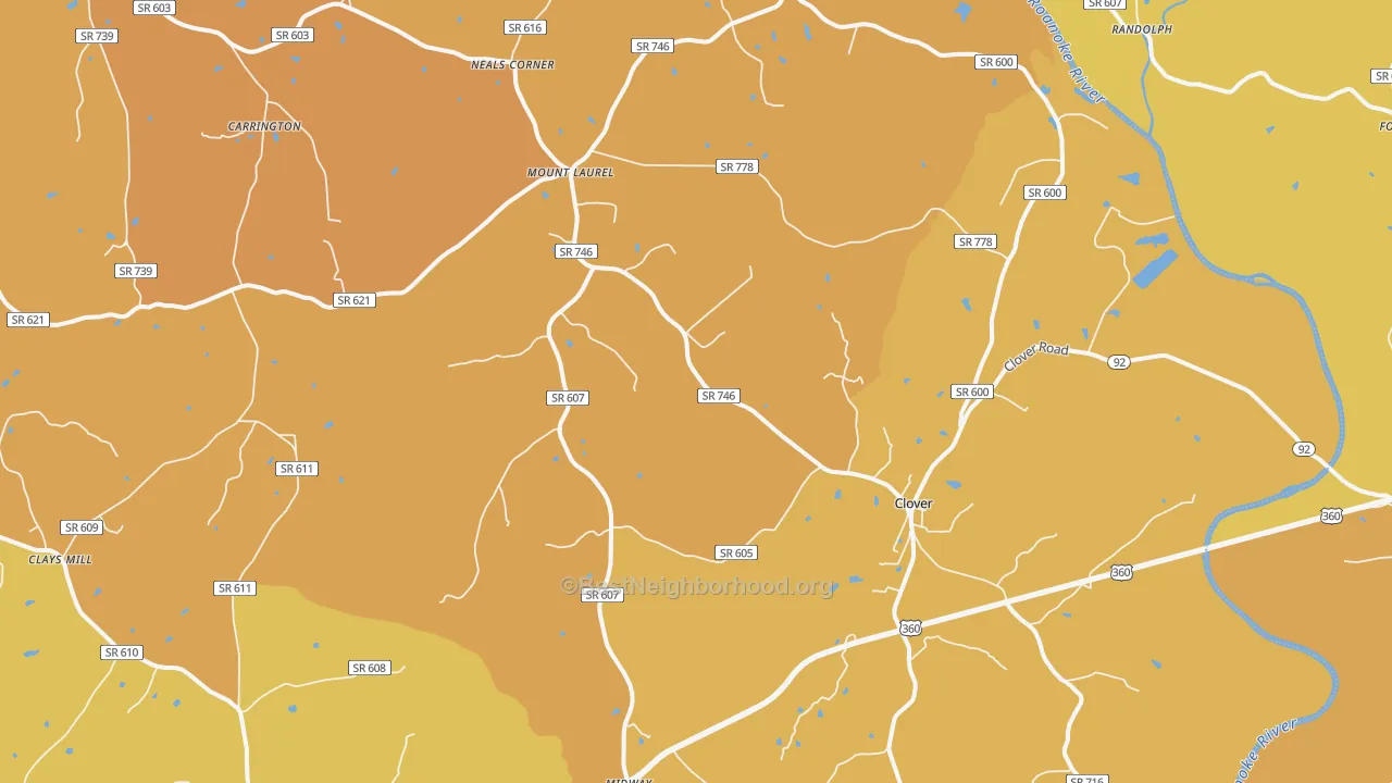 Map of the best neighborhoods in the Clover area, with better matches in green and worse matches in red