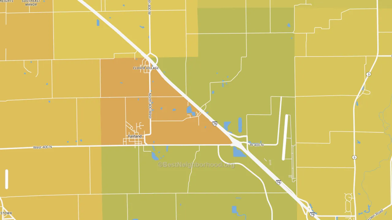 Map of the best neighborhoods in the Clover Village area, with better matches in green and worse matches in red