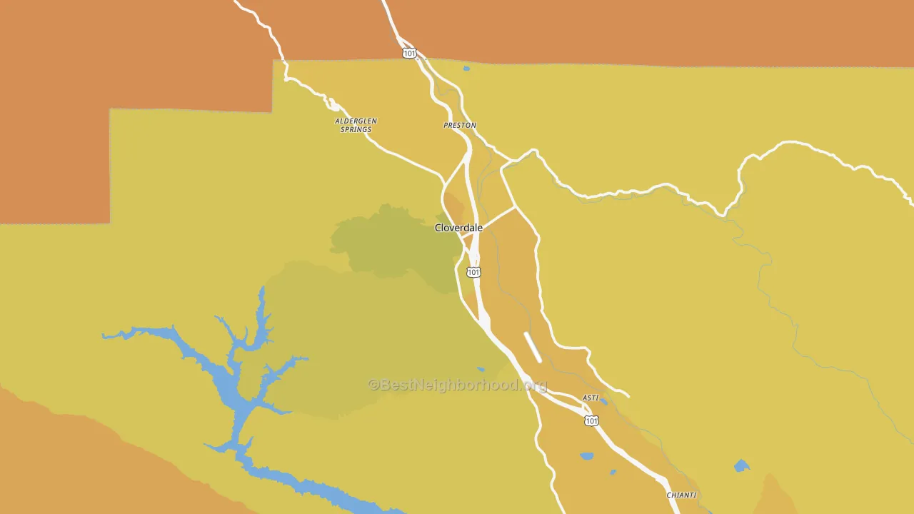 Map of the best neighborhoods in the Cloverdale area, with better matches in green and worse matches in red