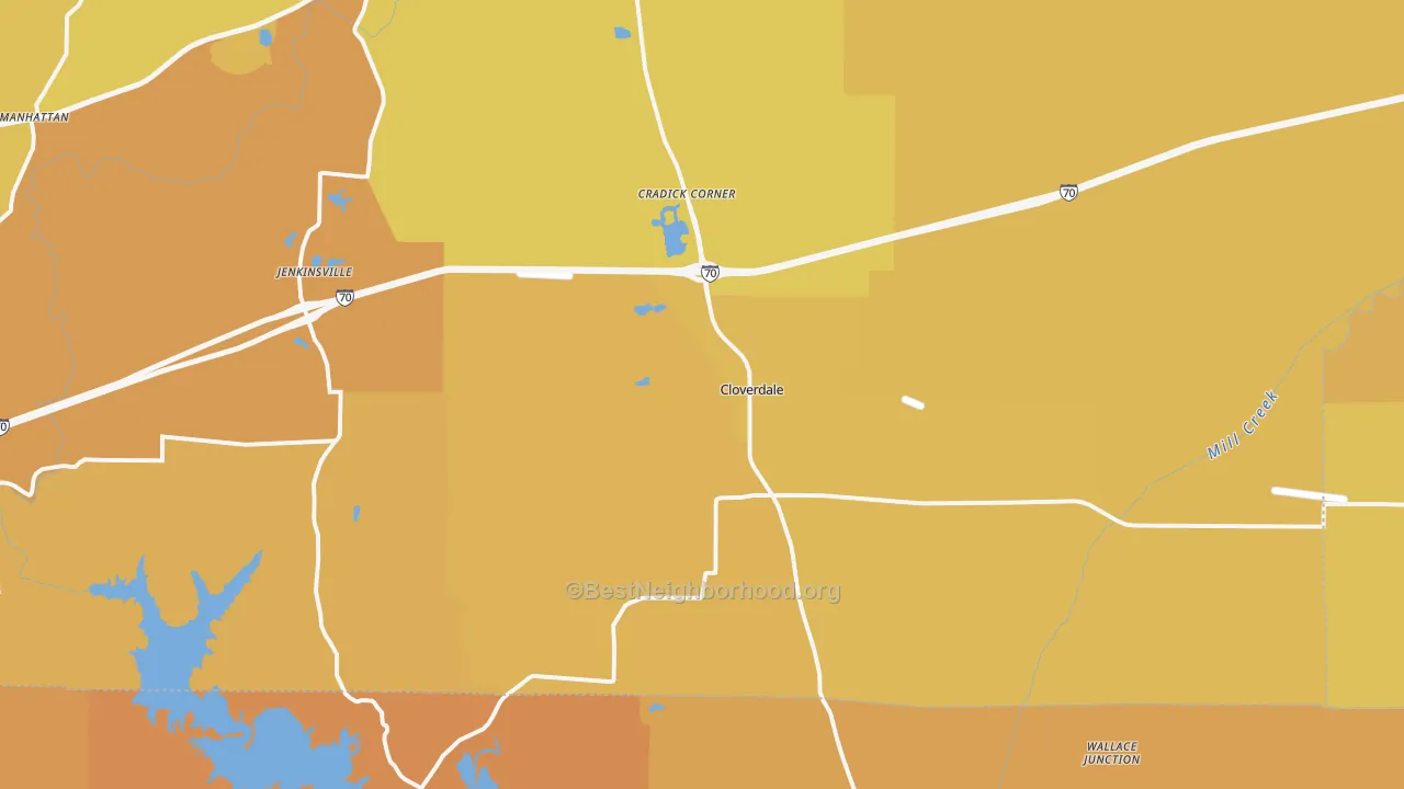 Map of the best neighborhoods in the Cloverdale area, with better matches in green and worse matches in red