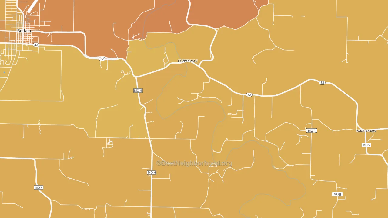 Map of the best neighborhoods in the Cloverdale area, with better matches in green and worse matches in red