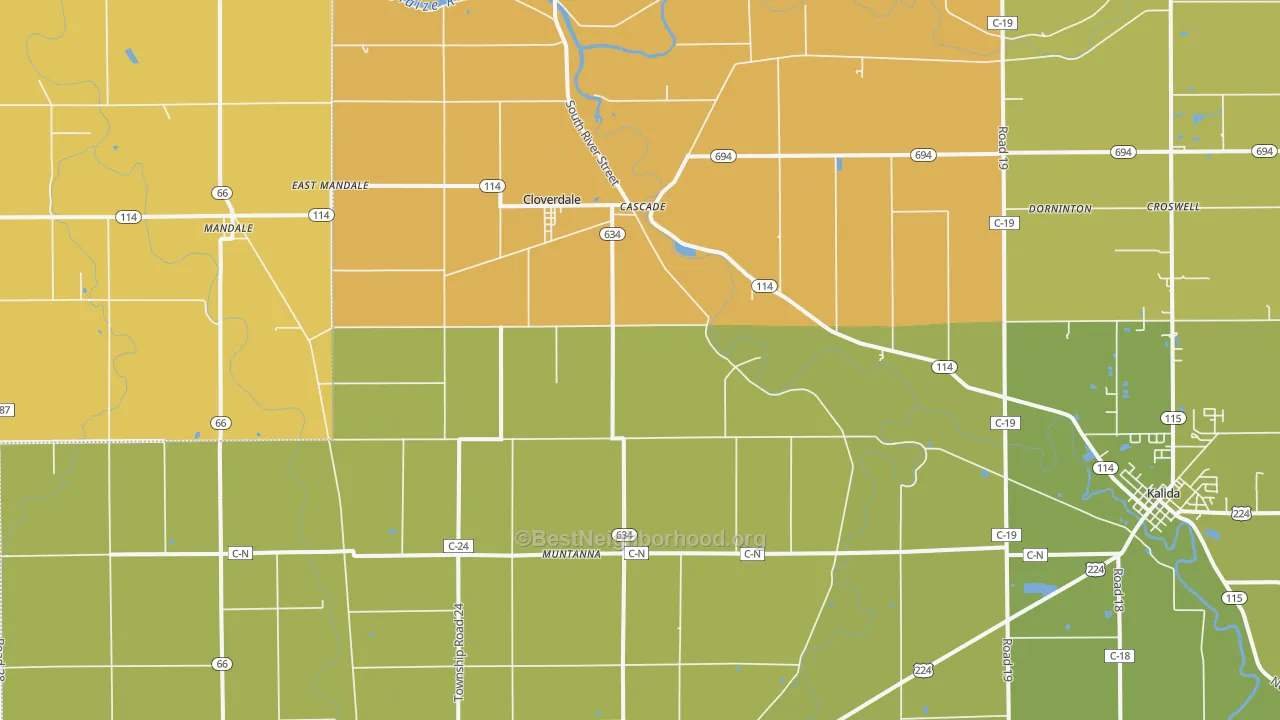 Map of the best neighborhoods in the Cloverdale area, with better matches in green and worse matches in red