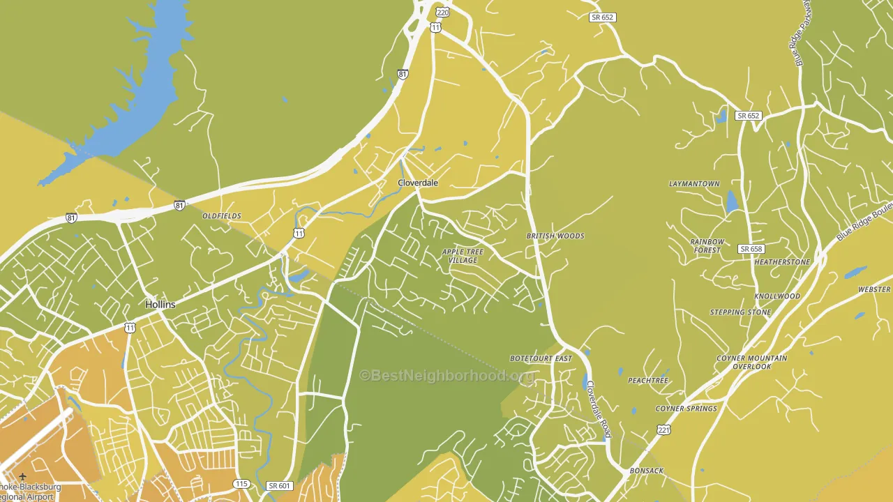 Map of the best neighborhoods in the Cloverdale area, with better matches in green and worse matches in red
