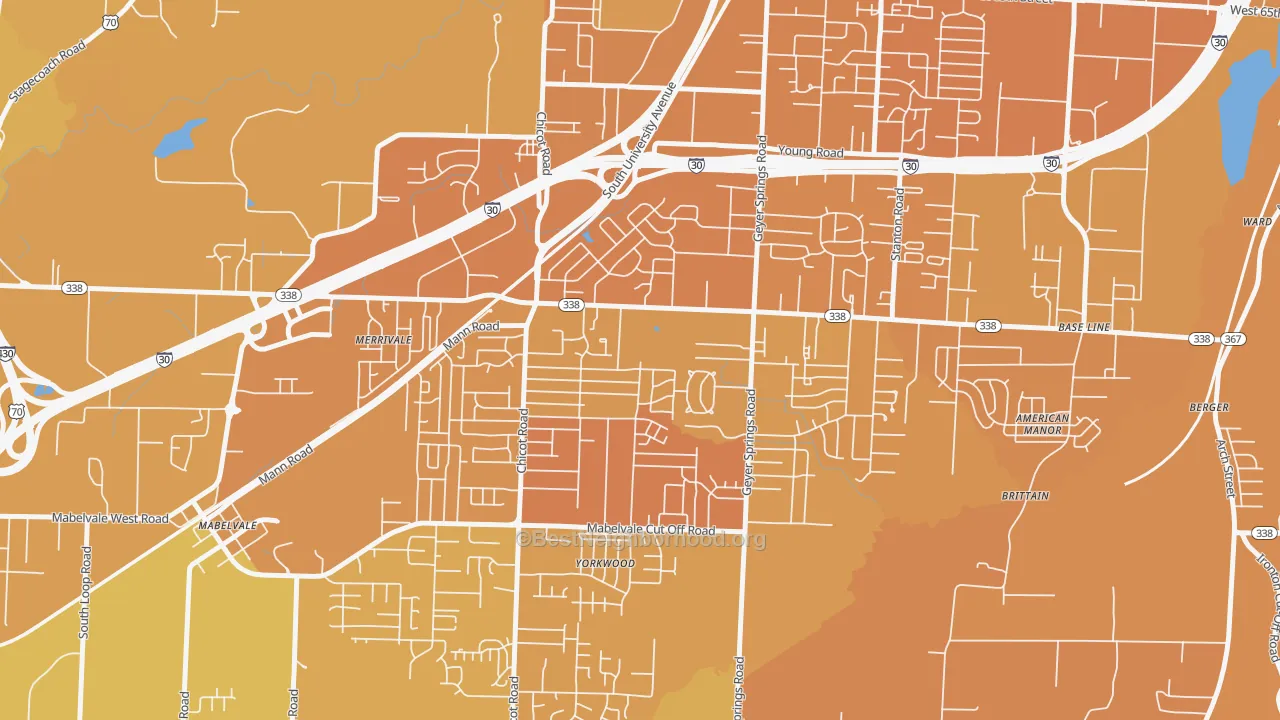 Map of the best neighborhoods in the Cloverdale Watson, Little Rock area, with better matches in green and worse matches in red