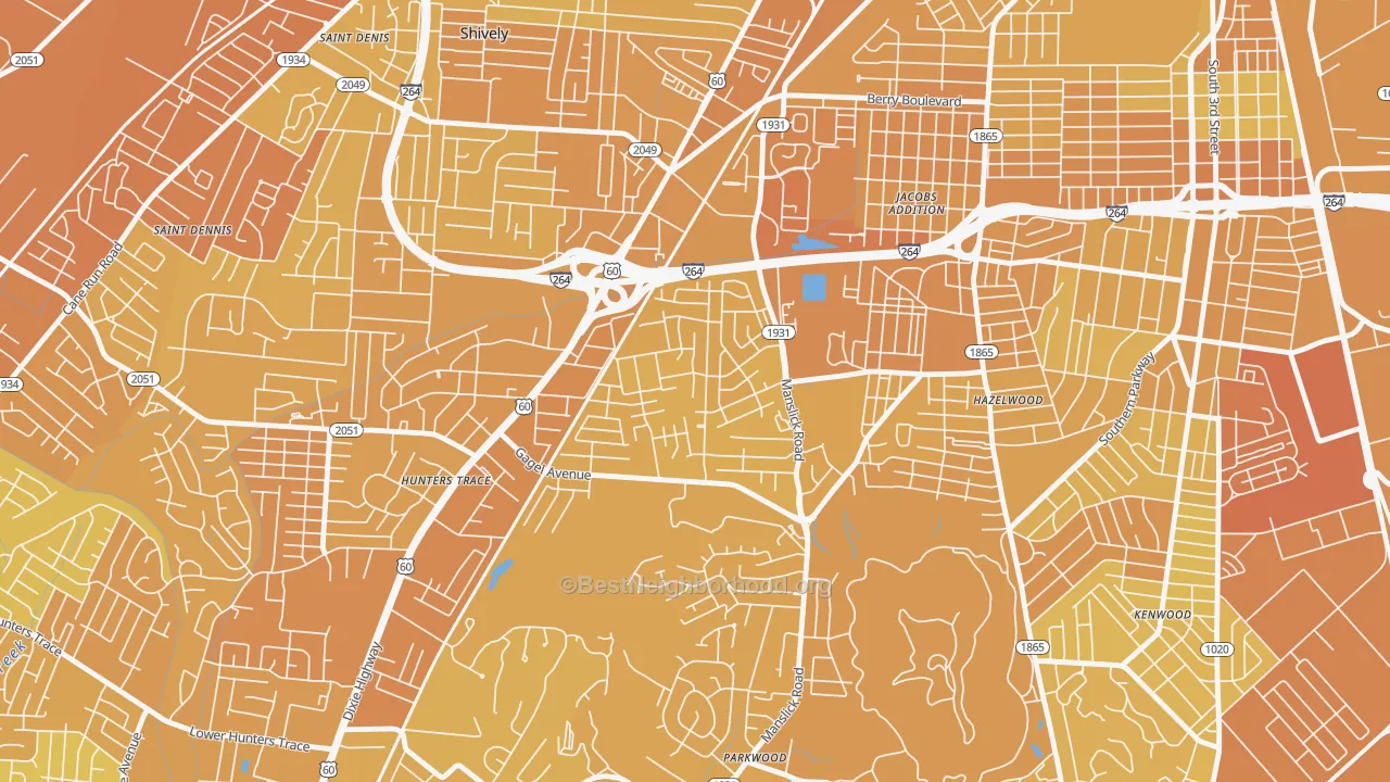 Map of the best neighborhoods in the Cloverleaf, Louisville area, with better matches in green and worse matches in red