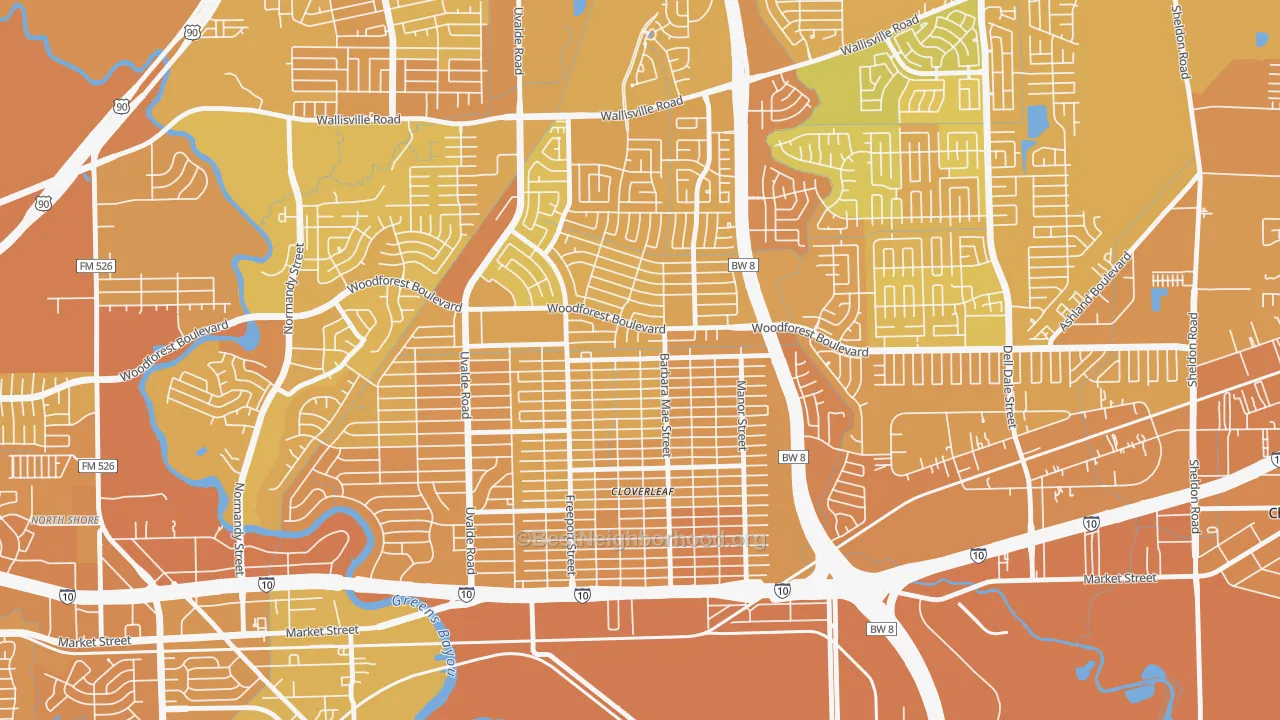 Map of the best neighborhoods in the Cloverleaf area, with better matches in green and worse matches in red