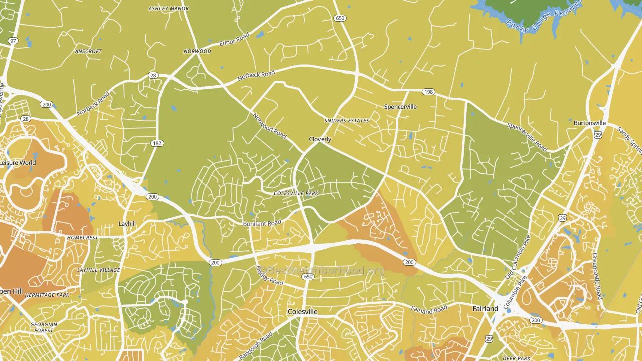 Map of the best neighborhoods in the Cloverly area, with better matches in green and worse matches in red