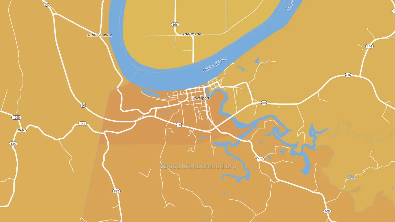 Map of the best neighborhoods in the Cloverport area, with better matches in green and worse matches in red
