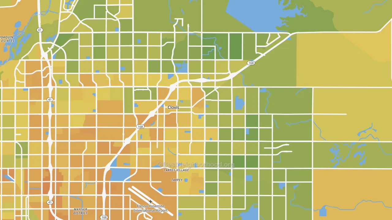 Map of the best neighborhoods in the Clovis area, with better matches in green and worse matches in red