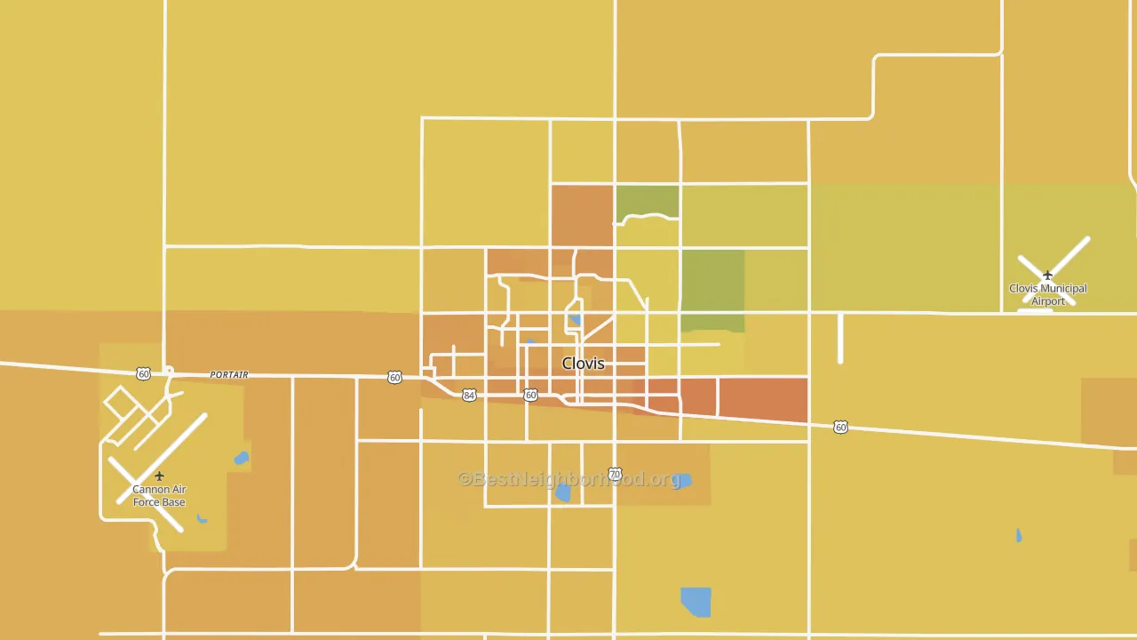 Map of the best neighborhoods in the Clovis area, with better matches in green and worse matches in red