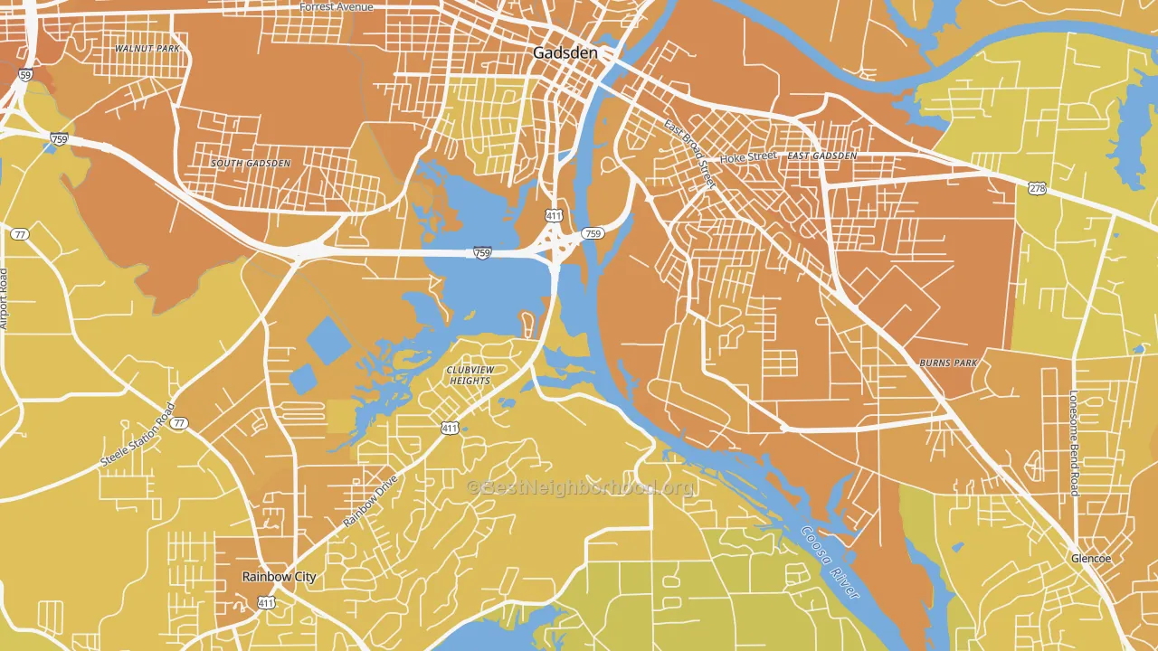 Map of the best neighborhoods in the Clubview Heights area, with better matches in green and worse matches in red