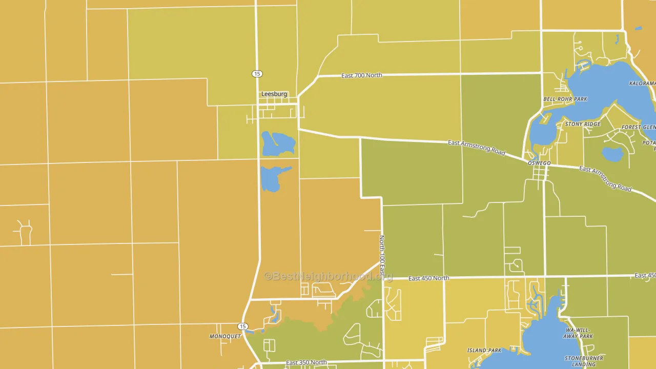Map of the best neighborhoods in the Clunette area, with better matches in green and worse matches in red