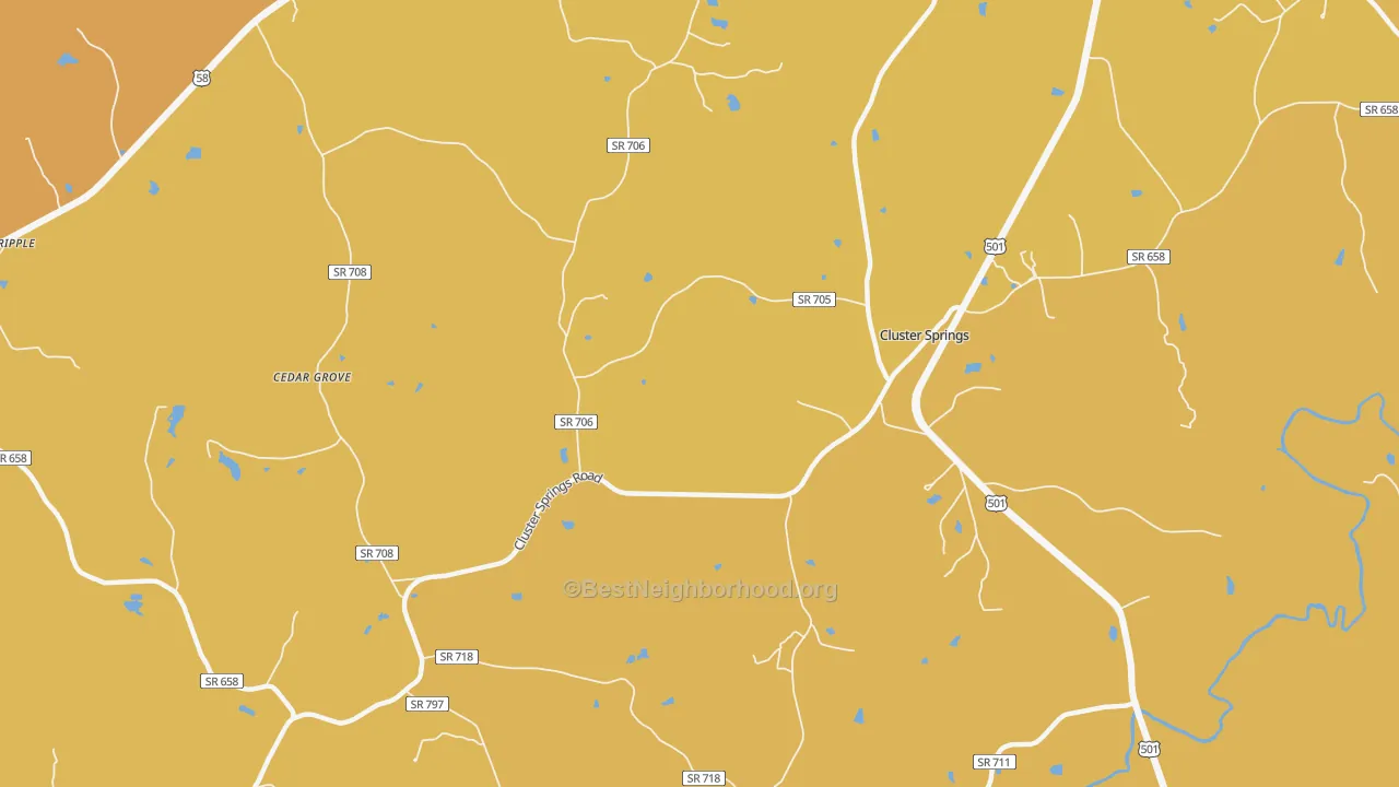 Map of the best neighborhoods in the Cluster Springs area, with better matches in green and worse matches in red