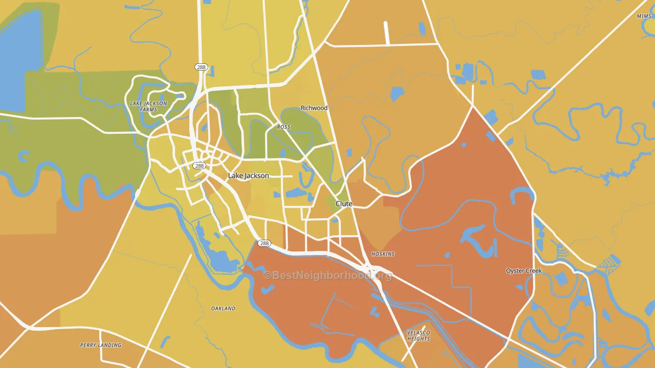 Map of the best neighborhoods in the Clute area, with better matches in green and worse matches in red