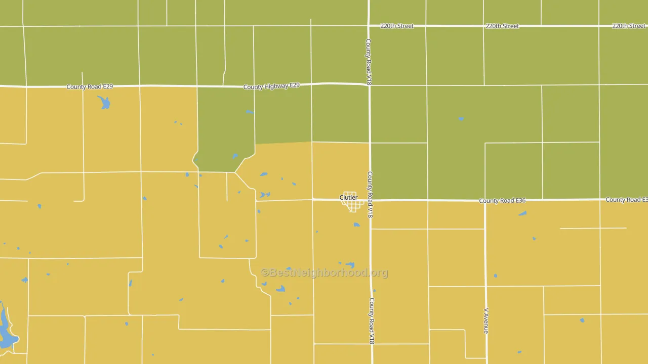 Map of the best neighborhoods in the Clutier area, with better matches in green and worse matches in red