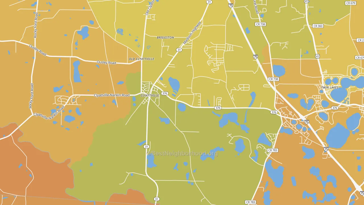 Map of the best neighborhoods in the Clyattville area, with better matches in green and worse matches in red