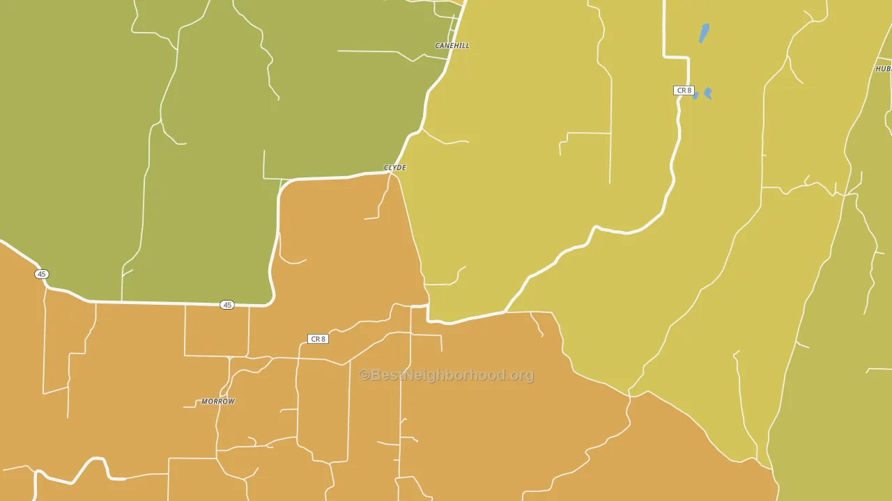 Map of the best neighborhoods in the Clyde area, with better matches in green and worse matches in red