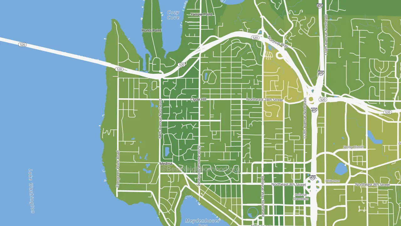 Map of the best neighborhoods in the Clyde Hill area, with better matches in green and worse matches in red