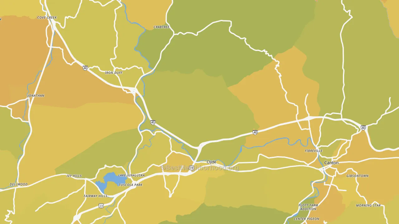 Map of the best neighborhoods in the Clyde area, with better matches in green and worse matches in red