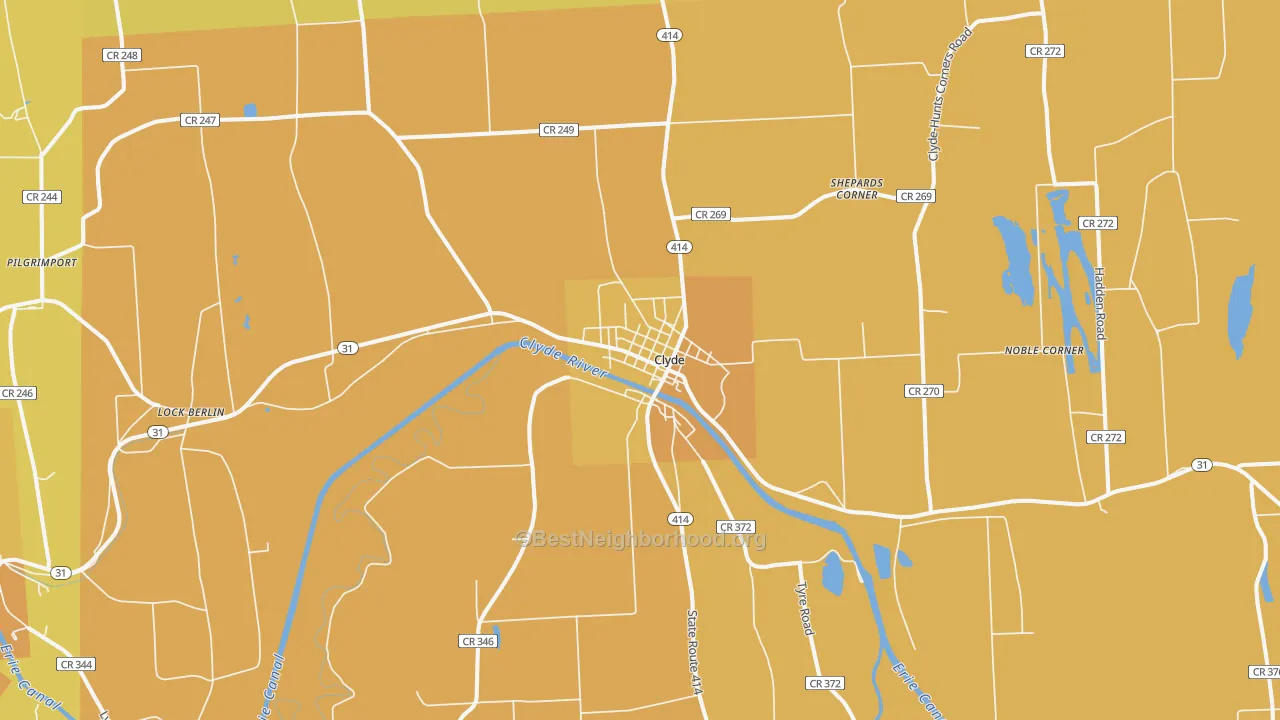 Map of the best neighborhoods in the Clyde area, with better matches in green and worse matches in red