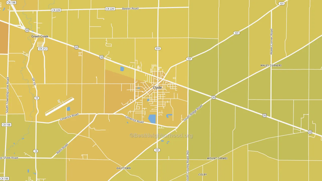 Map of the best neighborhoods in the Clyde area, with better matches in green and worse matches in red