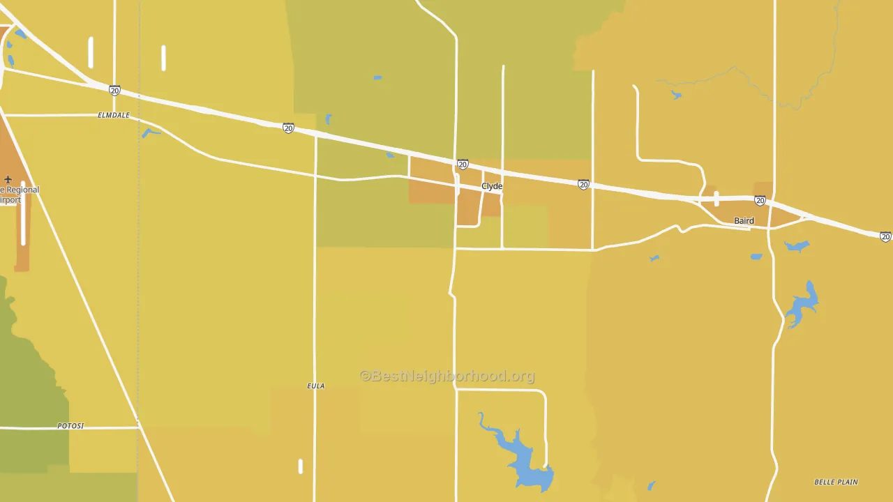 Map of the best neighborhoods in the Clyde area, with better matches in green and worse matches in red
