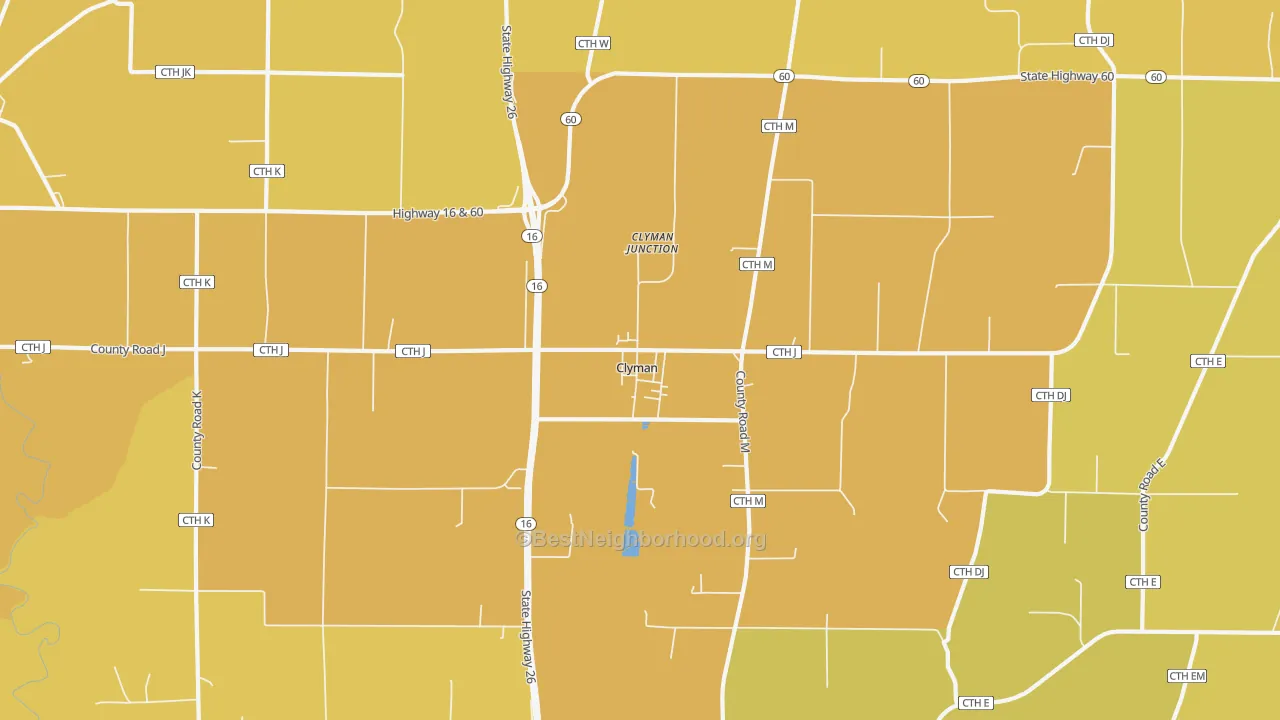 Map of the best neighborhoods in the Clyman area, with better matches in green and worse matches in red