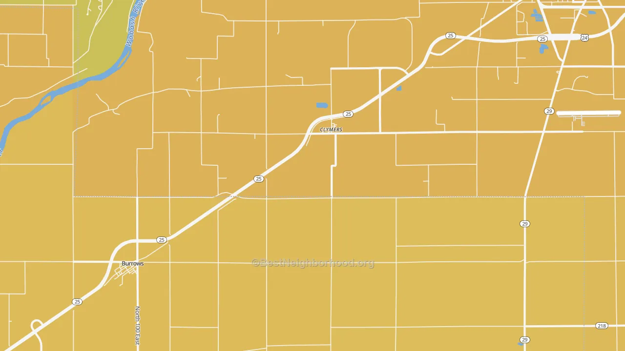 Map of the best neighborhoods in the Clymers area, with better matches in green and worse matches in red
