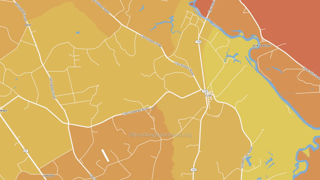 Map of the best neighborhoods in the Clyo area, with better matches in green and worse matches in red