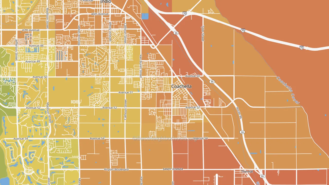 Map of the best neighborhoods in the Coachella area, with better matches in green and worse matches in red