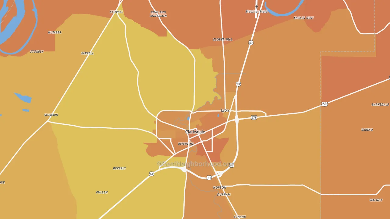 Map of the best neighborhoods in the Coahoma County area, with better matches in green and worse matches in red