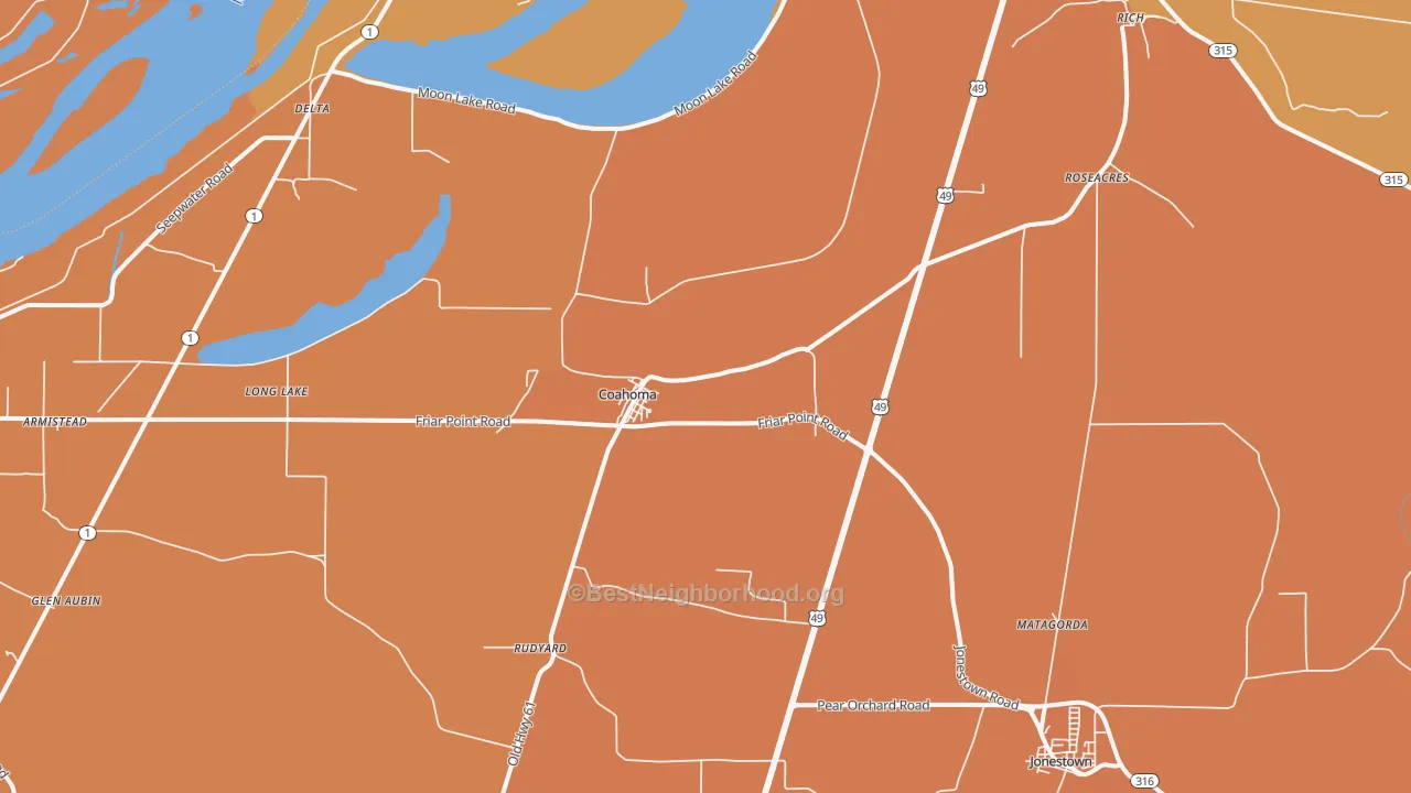 Map of the best neighborhoods in the Coahoma area, with better matches in green and worse matches in red