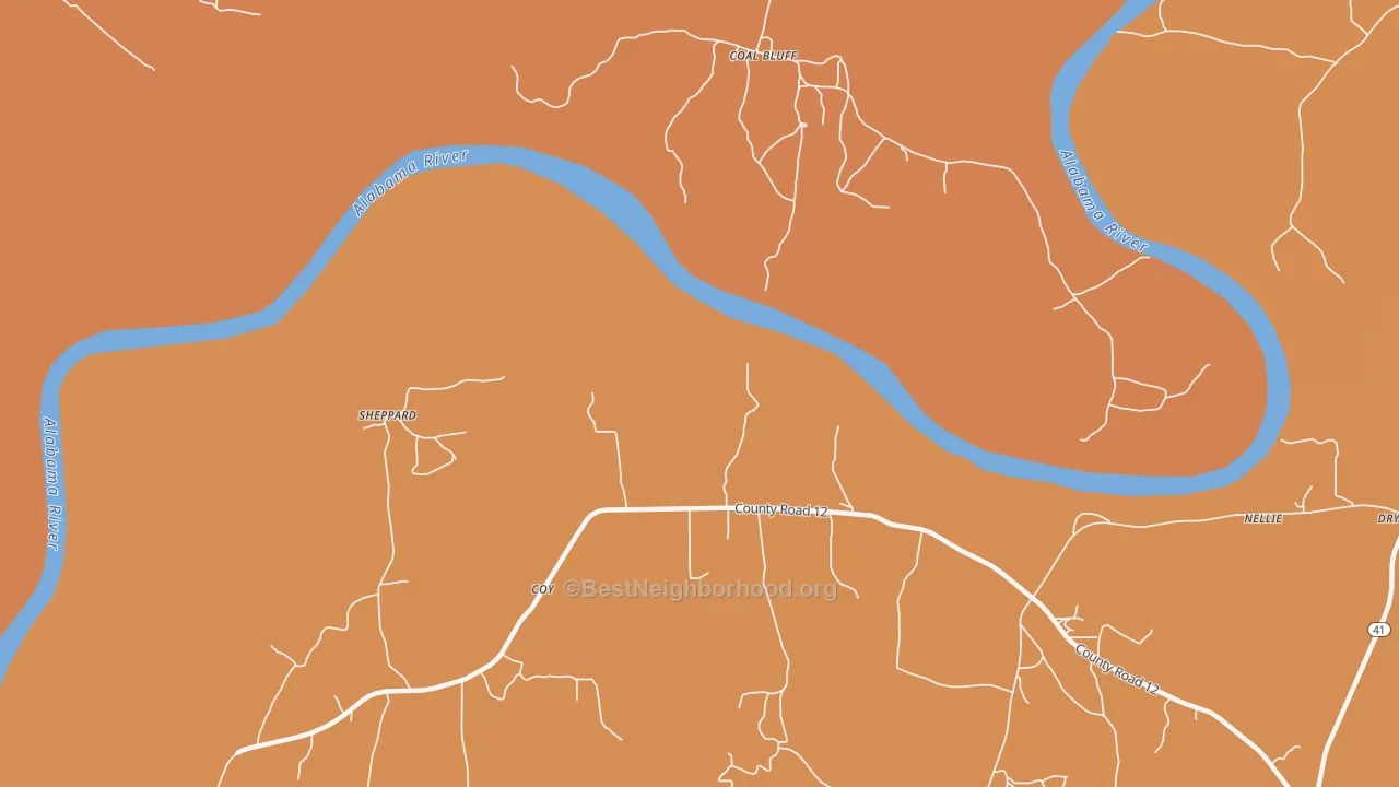 Map of the best neighborhoods in the Coal Bluff area, with better matches in green and worse matches in red