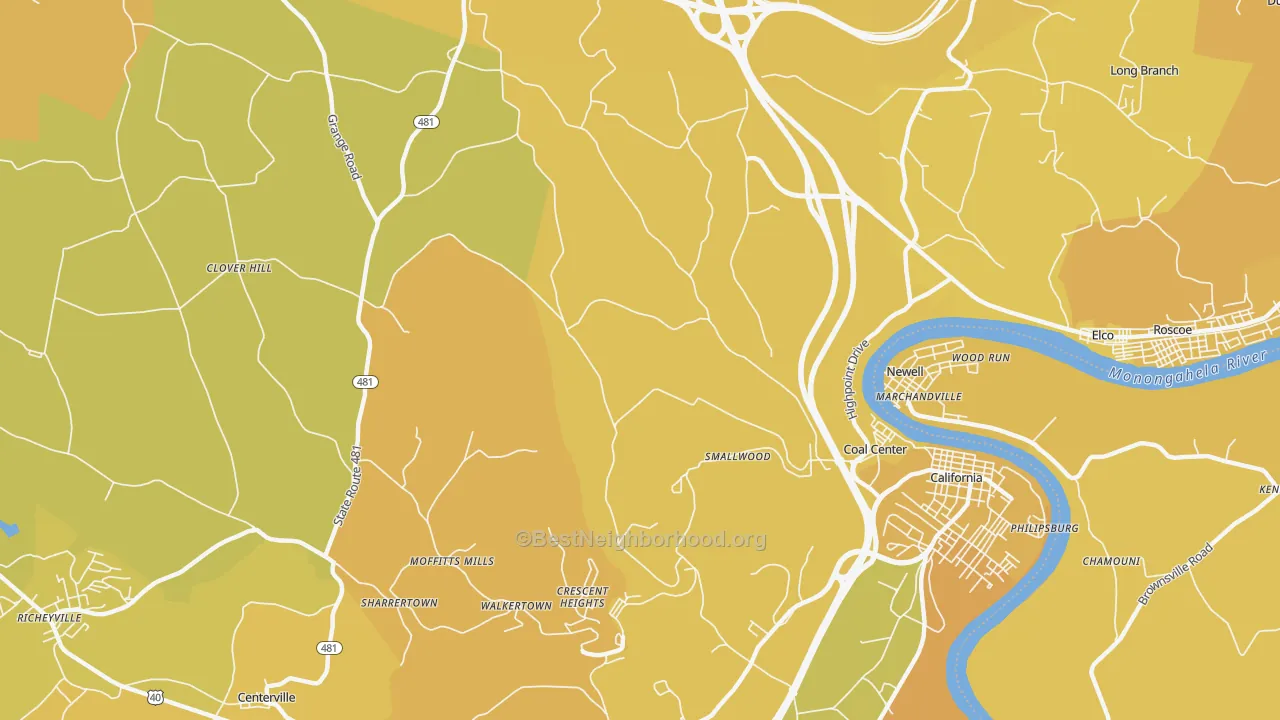 Map of the best neighborhoods in the Coal Center area, with better matches in green and worse matches in red