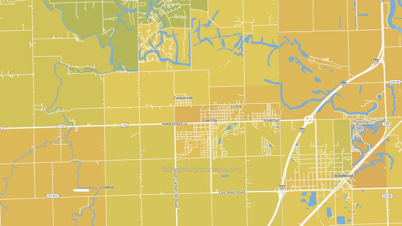 Map of the best neighborhoods in the Coal City area, with better matches in green and worse matches in red
