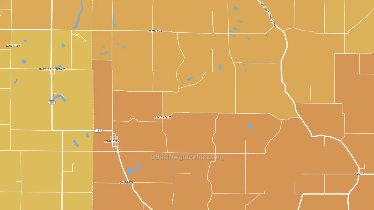 Map of the best neighborhoods in the Coal City area, with better matches in green and worse matches in red