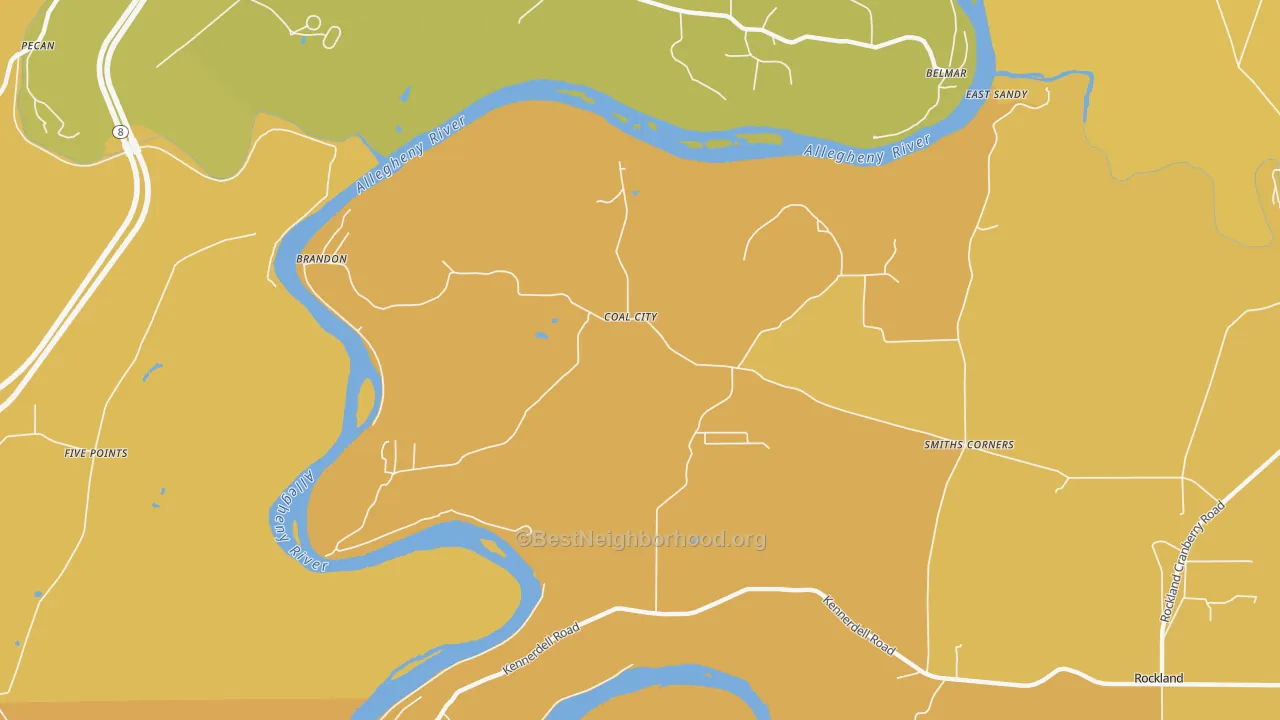 Map of the best neighborhoods in the Coal City area, with better matches in green and worse matches in red