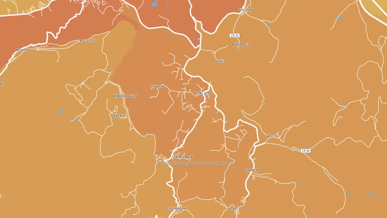 Map of the best neighborhoods in the Coal City area, with better matches in green and worse matches in red